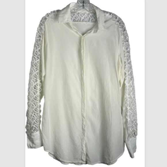 Anne Fontaine LADIES silk BLOUSE 42 10 WHITE CREAM EYELET CROCHET lace BUTTON UP - Picture 1 of 14